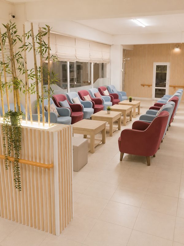 Oturma salonu: bambu ayırıcı ve renkli koltuklar
