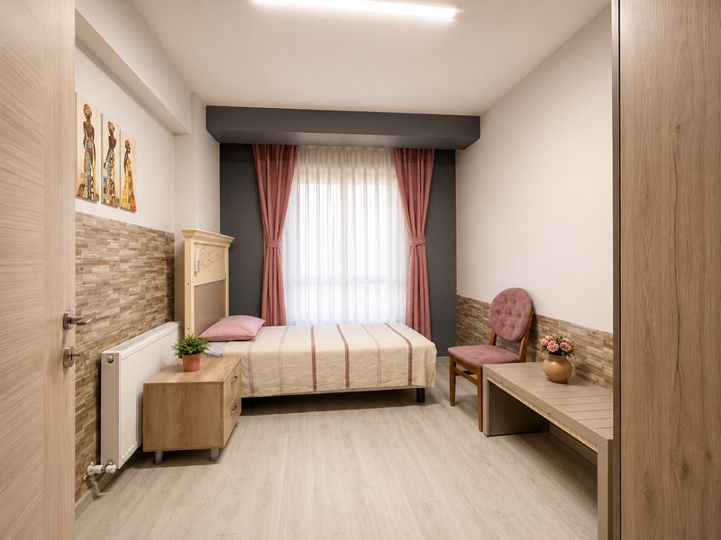 Tek kişilik oda: yatak, koltuk, radyatör ve pencere