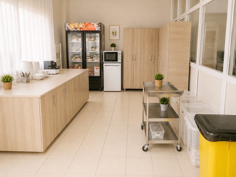 Mutfak ve hazırlık alanı: buzdolabı, servis arabası